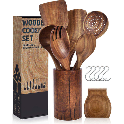 Teca Natural Acacia utensílios de cozinha de madeira conjunto de utensílios 9pcs para casa