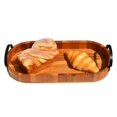 Comida sobremesa bandeja de madeira natural 42.5x18.1x5cm com alça de metal